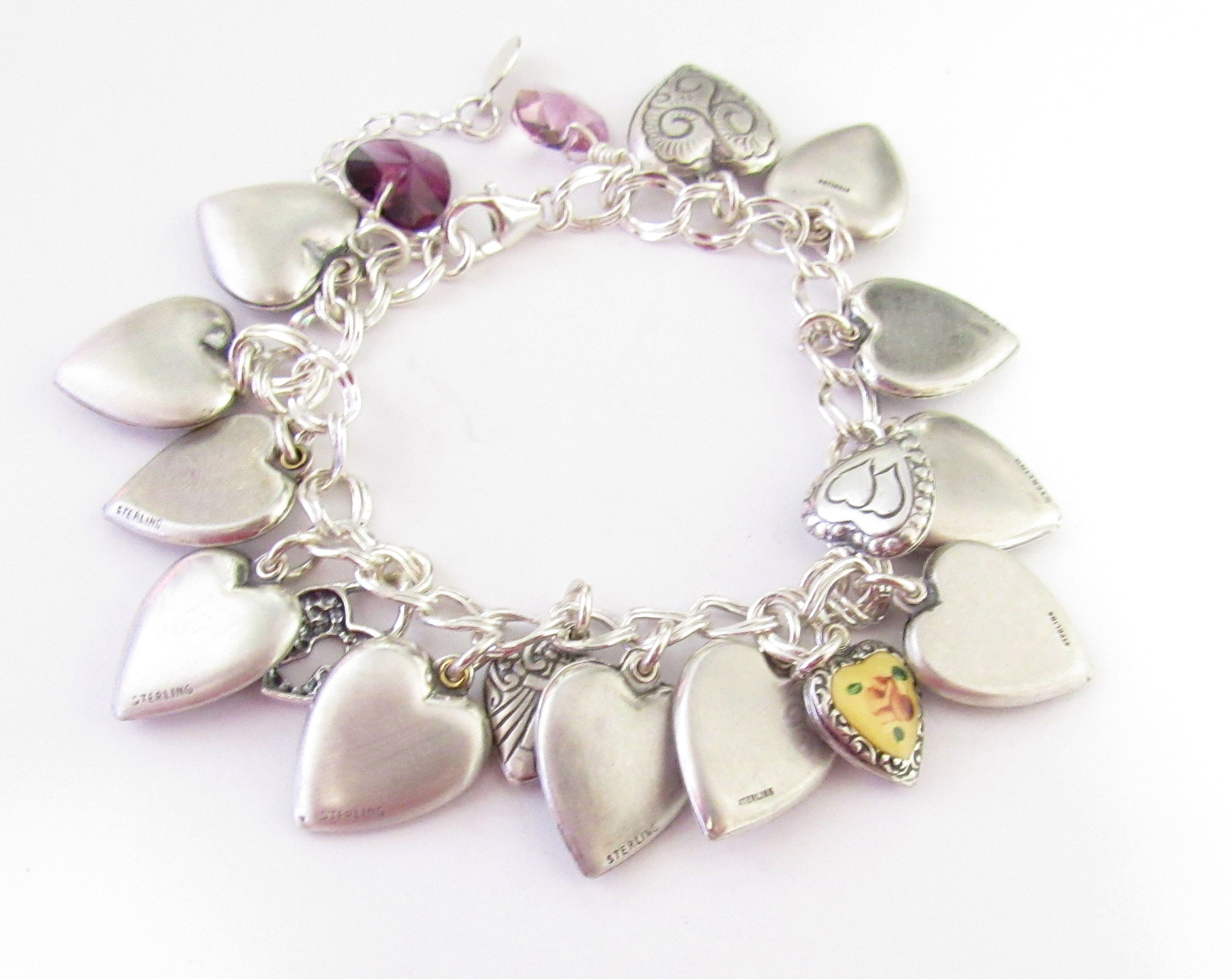 Puffy Hearts Charm Bracelet Sterling Silver Vintage Loaded – World